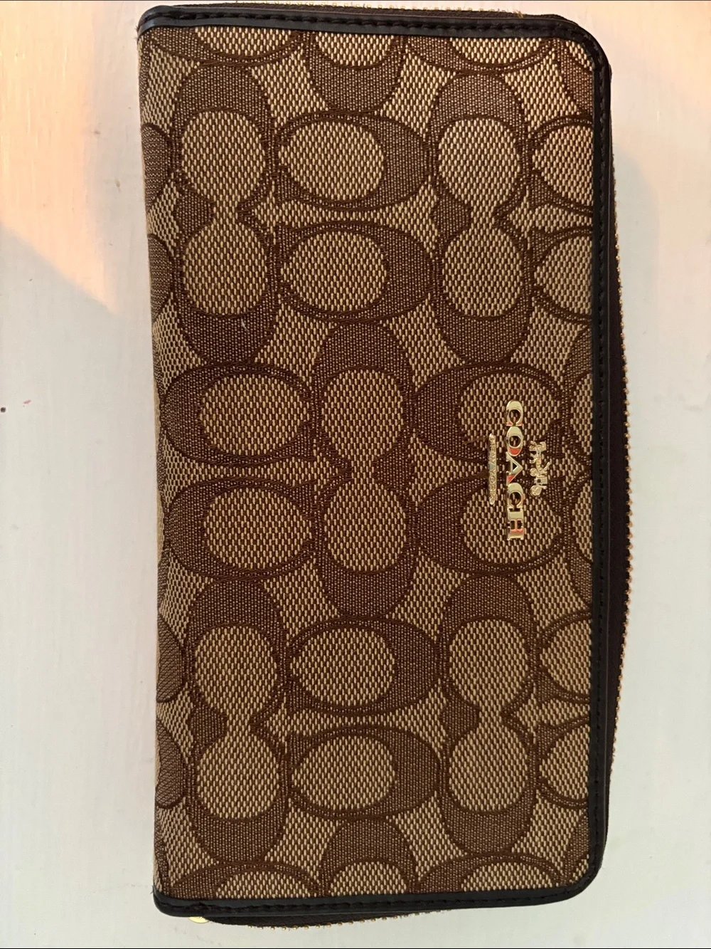 Coach Brown Signature Zip Wallet with Gold Logo